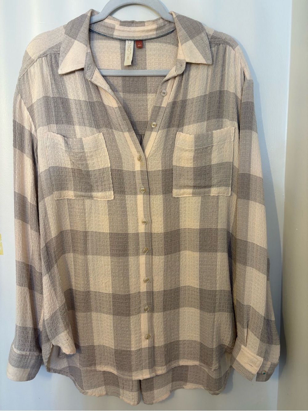 Pilcro Taupe & Cream Plaid Button-Down Shirt